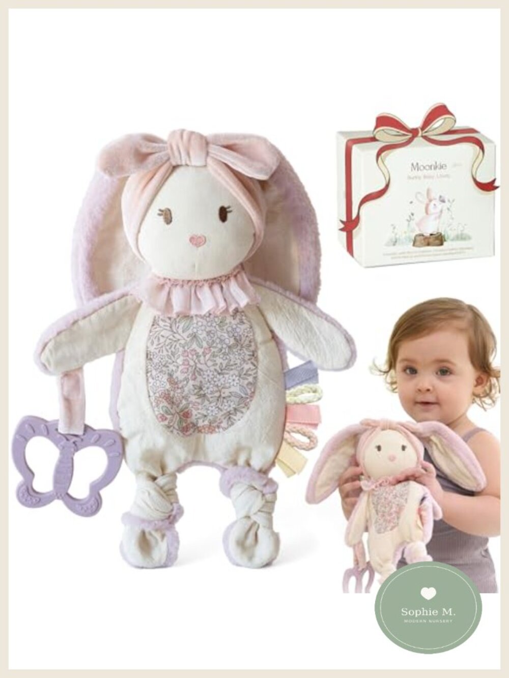 Baby Lovey Bunny Security Blanket with Silicone Teether, Crinkle & Rattle